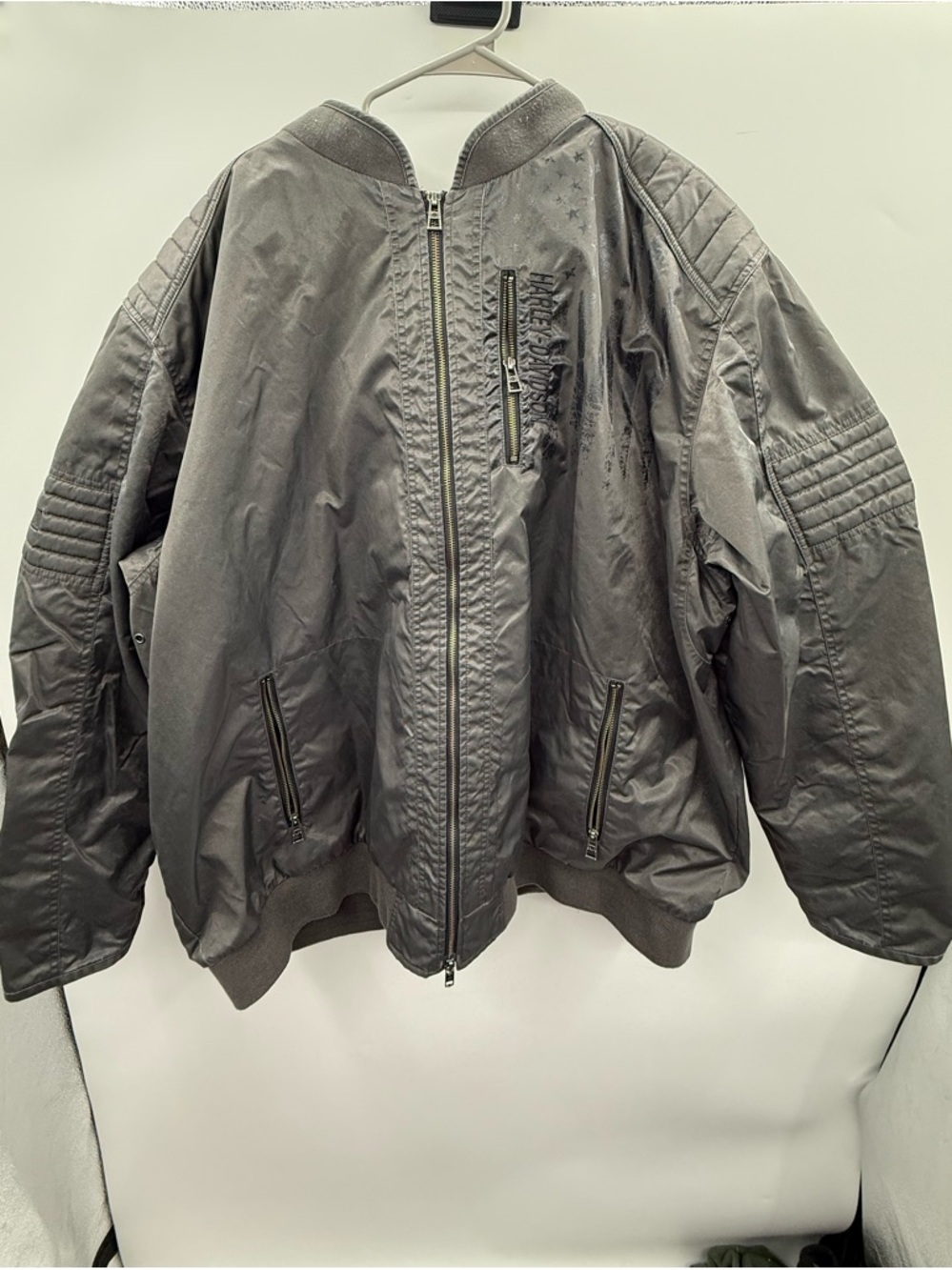 Harley-Davidson Gray Bomber Jacket Men’s 5XL Distressed Moto Biker Full Zip
